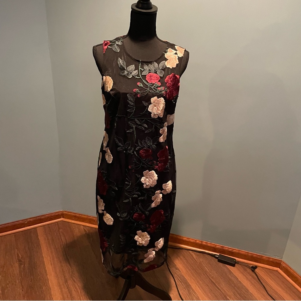 Calvin Klein black dress with embroidered flowers size 12